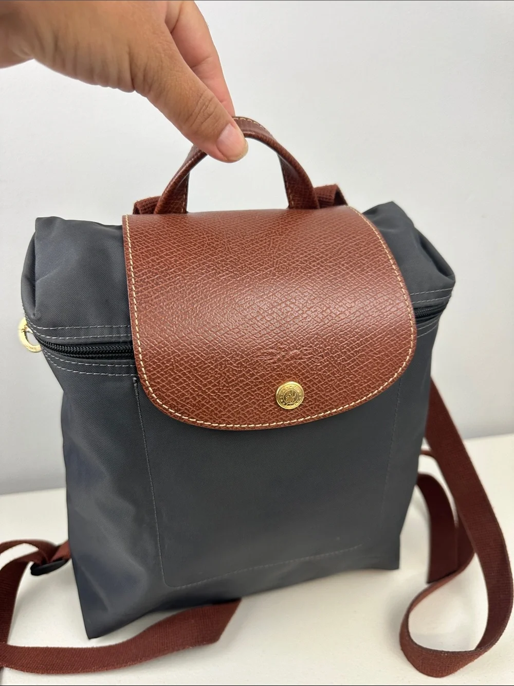 Longchamp Le Pliage Large Nylon Backpack in Storm Grey/Brown